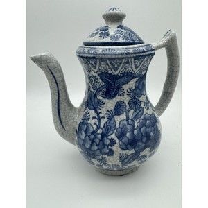 Vintage Crackle Glaze Porcelain Teapot Dechang Asian Blue Floral